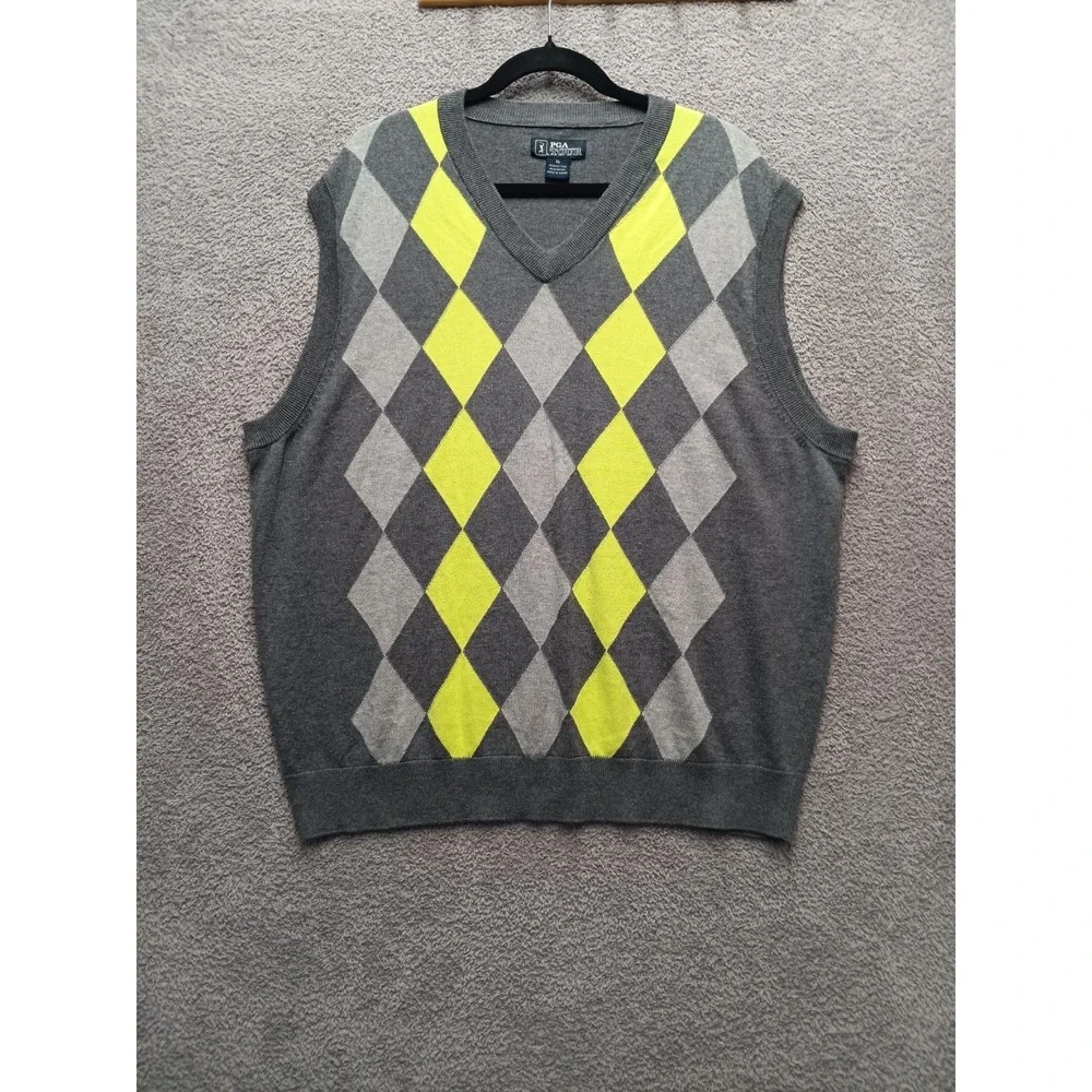 PGA Tour‎ Argyle Sweater Vest XL Neon Yellow Golf Y2K revival, Preppy Relaxed